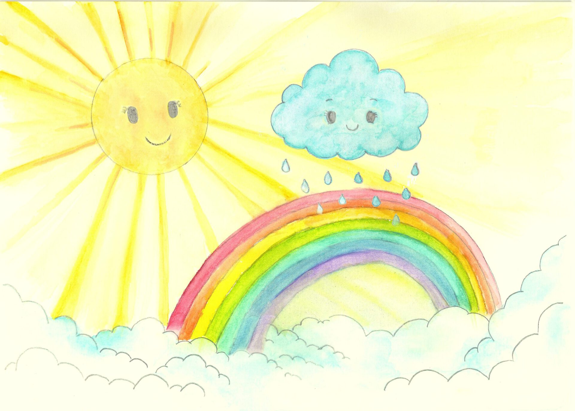 Regenbogen mit Sonne und Wolken