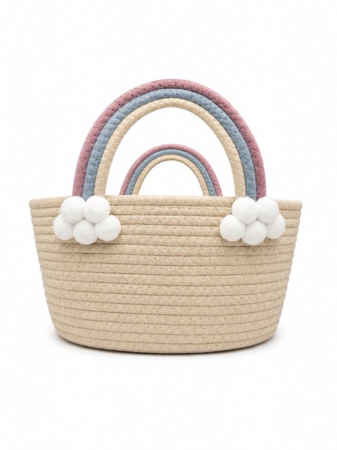 Picknickkorb aus Baumwollseil mit Regenbogen-Griffen