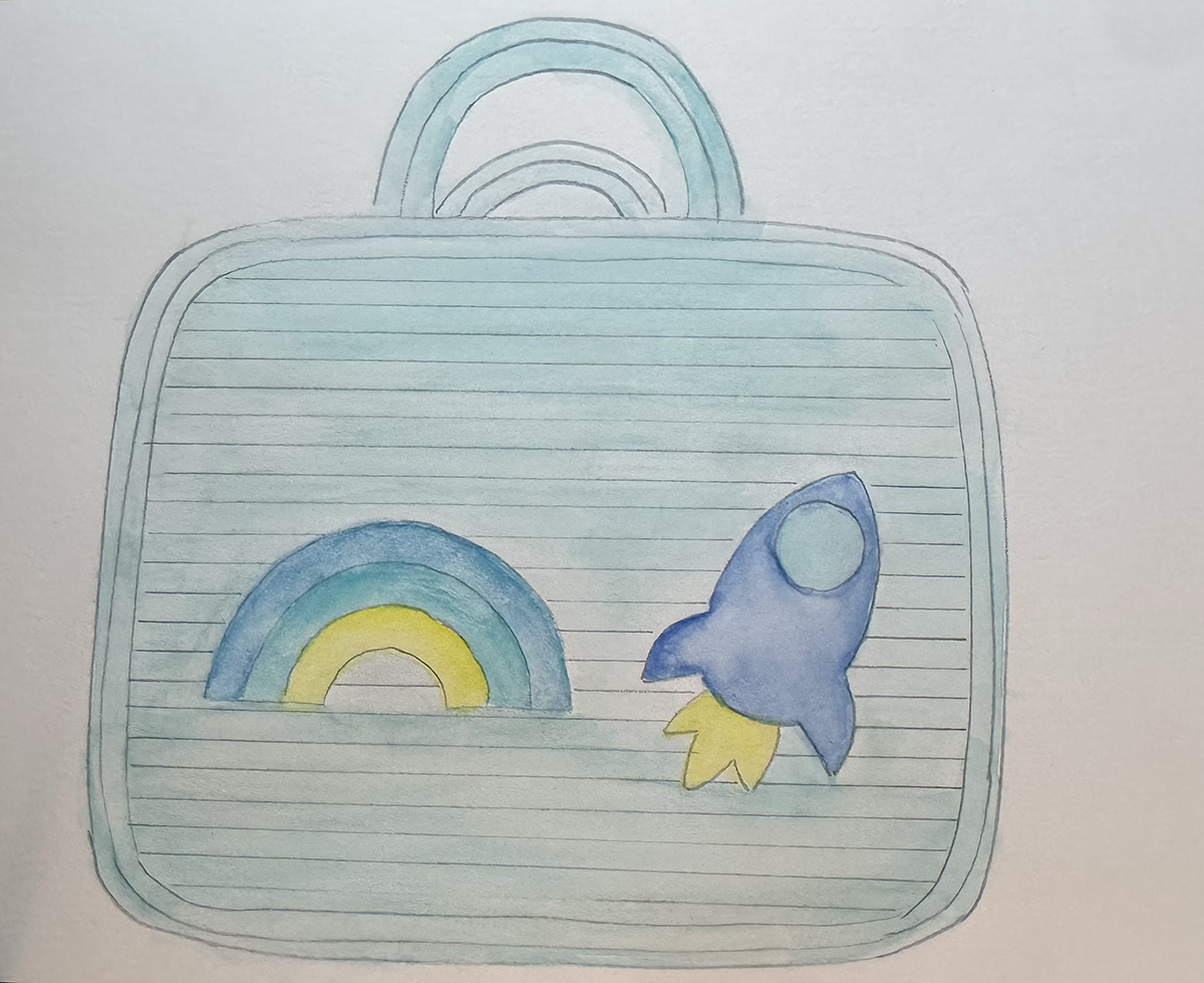 Kinderkoffer aus Baumwollseil – Hellblau mit Regenbogen & Rakete – Bild 1
